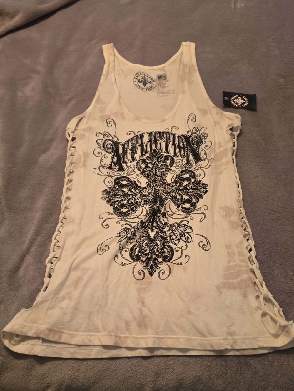 AFFLICTION Studded Graphic Lace-Side Tank Top - White